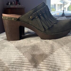 Dansko Olive Fringe Block Heel Mules